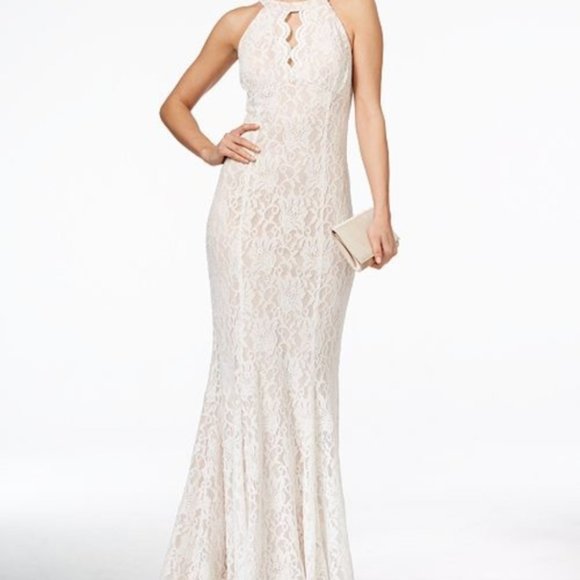 Nightway Lace Keyhole Halter Gown IvoryNude 10 - Picture 1 of 2